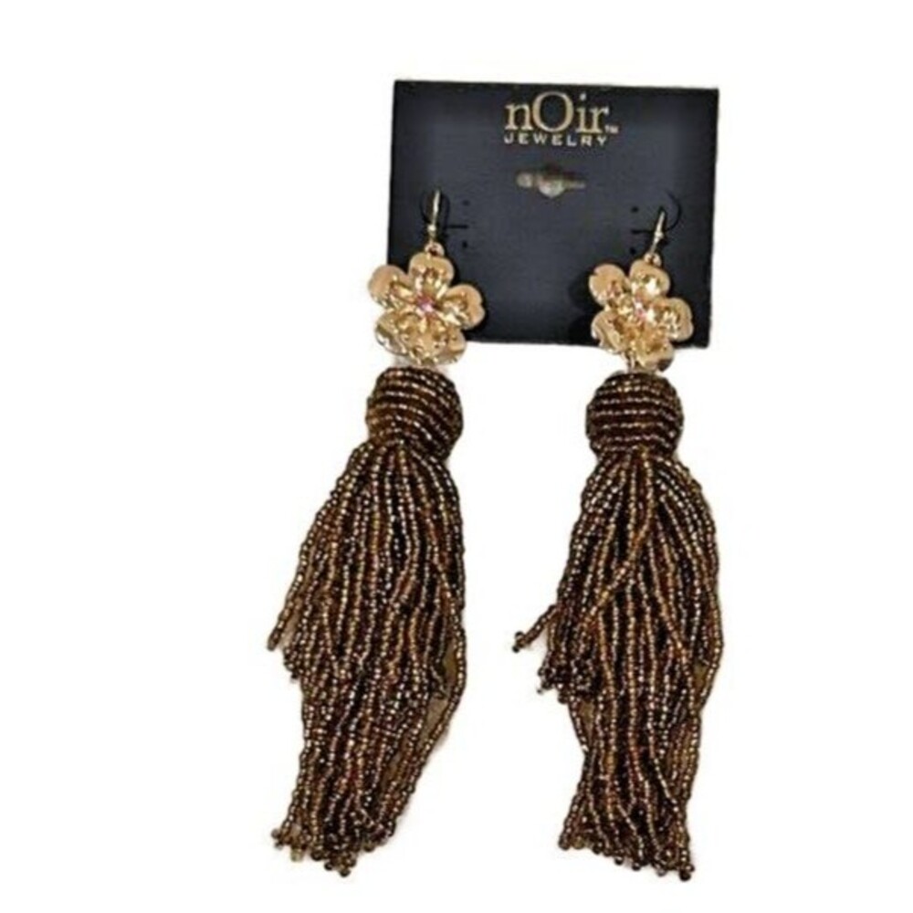 NEW Noir Jewelry Brown Beaded Dangly Earrings Gold Tone Flowers 5.25" Long